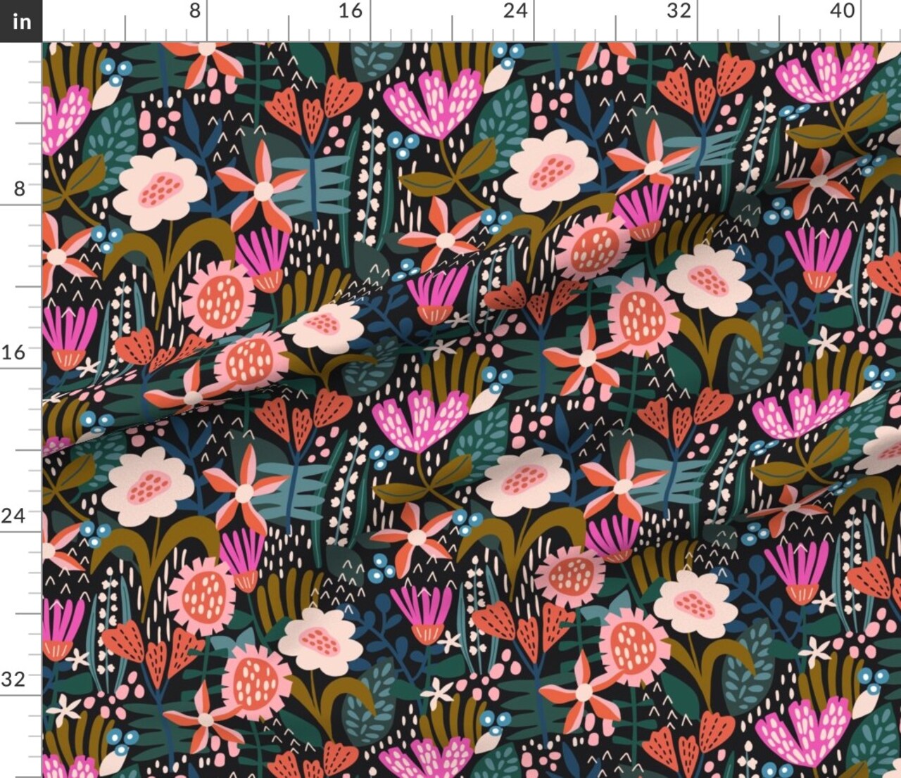 Whimsical Floral Modern Botanical Fairy Garden Flowers Maximalist Pink Blue Dots Contemporary Custom Printed Fabric by Spoonflower Various Fabrics by the Yard or Fat Quarter
